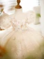Chic / Beautiful Champagne Beading Pearl Lace Flower Sequins Birthday Short Flower Girl Dresses 2023 Ball Gown Scoop Neck Puffy Short Sleeve Tulle