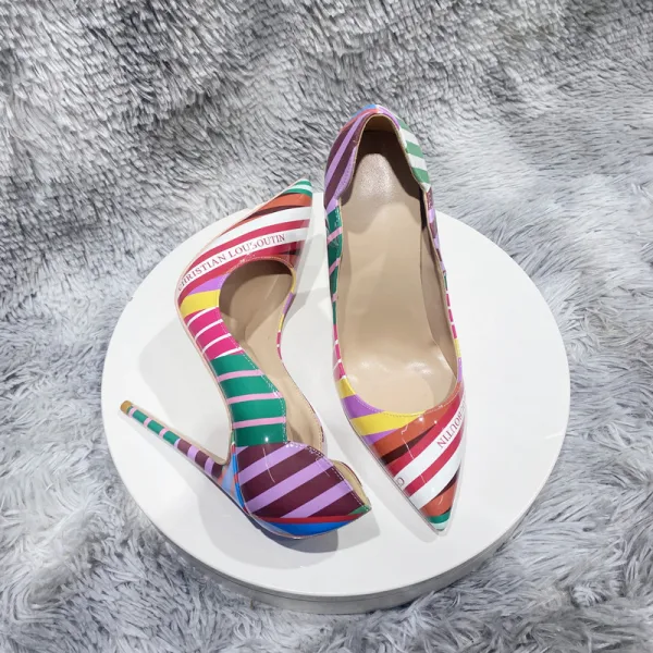 Unusual Multi-Colors Stripe Prom Pumps 2023 Patent Leather 12 cm Stiletto Heels Pointed Toe Pumps High Heels