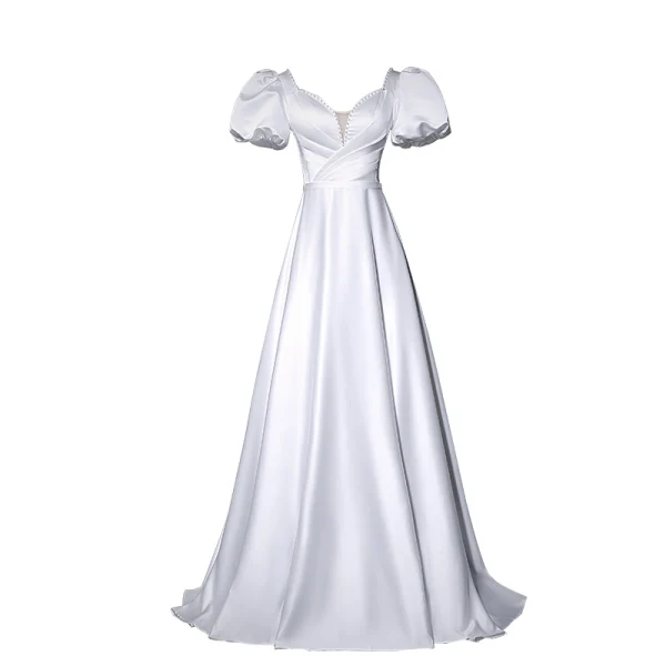 Elegant Ivory Satin Prom Dresses 2022 A-Line / Princess V-Neck Short Sleeve Backless Floor-Length / Long Prom Formal Dresses