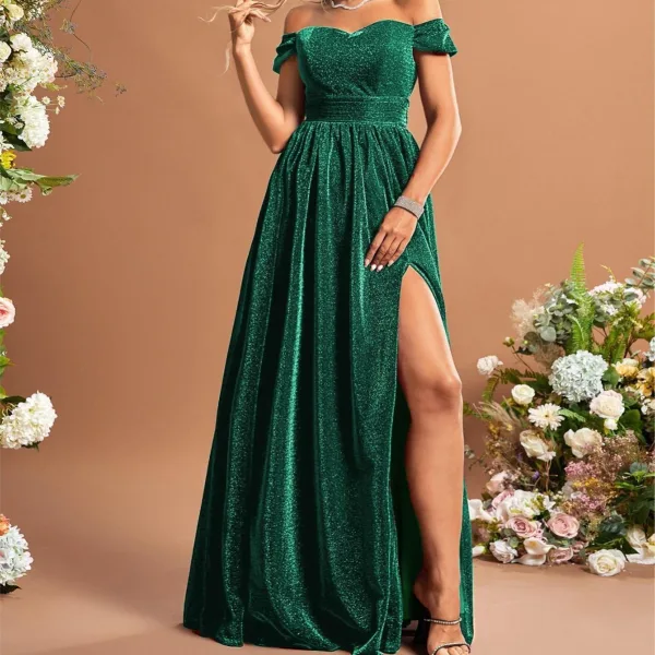 Elegant Green Glitter Split Front Prom Dresses 2025 A-Line / Princess Off-The-Shoulder Sleeveless Backless Floor-Length / Long Prom Formal Dresses