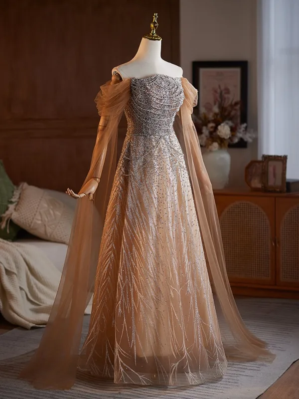 Sparkly Champagne Beading Sequins Prom Dresses 2025 A-Line / Princess Off-The-Shoulder Short Sleeve Backless Floor-Length / Long Prom Formal Dresses