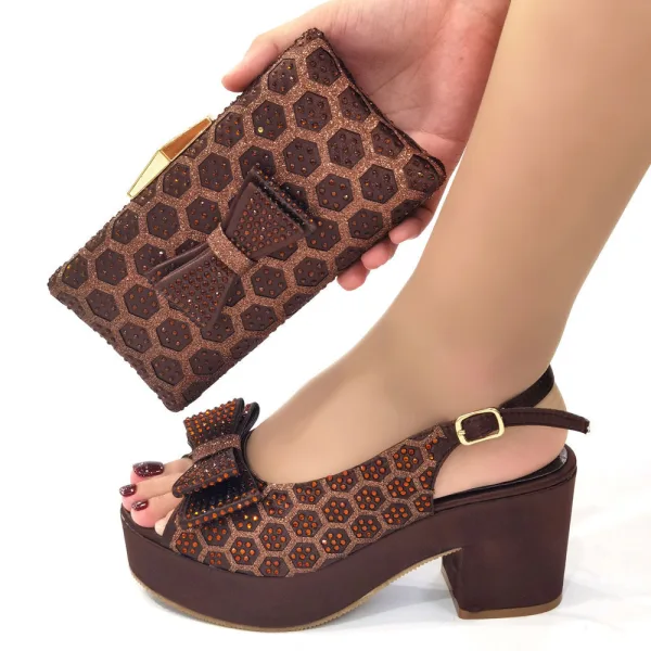 Chic / Beautiful Black Rhinestone Bow Womens Sandals Clutch Bags 2023 Evening Party 7 cm Thick Heels Open / Peep Toe Sandals High Heels Clutch Bags