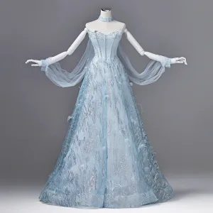 Charmant Bleu Ciel Perlage Faux Diamant Paillettes Plumes Robe De Bal 2026 Princesse Bustier Sans Manches Dos Nu Longue Robe De Ceremonie