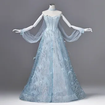 light blue dress with neck scarf Luxury Fur Collars Christmas Classic Fashion Long Evening Dress New Y 24W / Picture Color main image 1