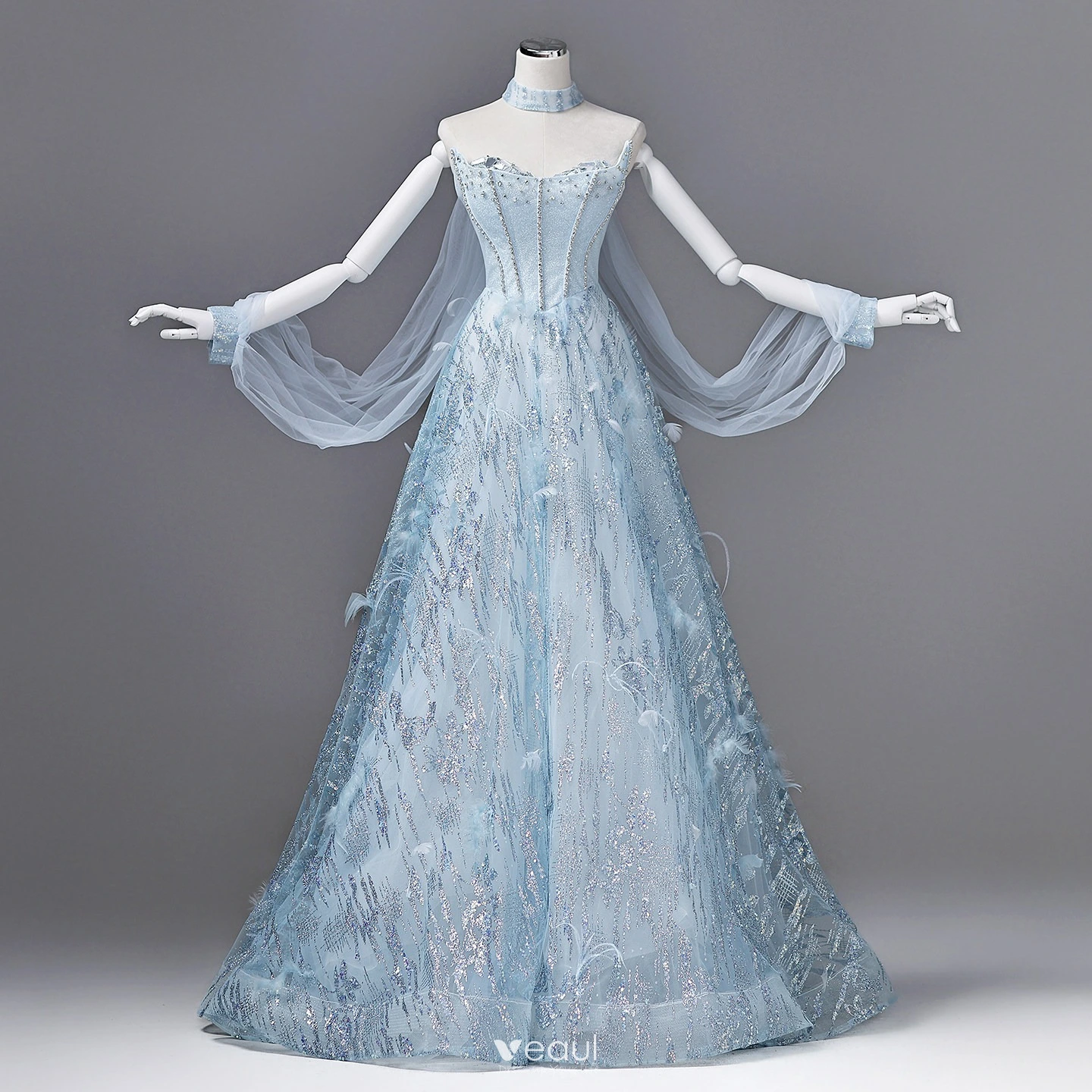 Charming Sky Blue Beading Rhinestone Sequins Feather Prom Dresses 2026  A-Line / Princess Strapless Sleeveless Backless Floor-Length / Long Formal  Dresses