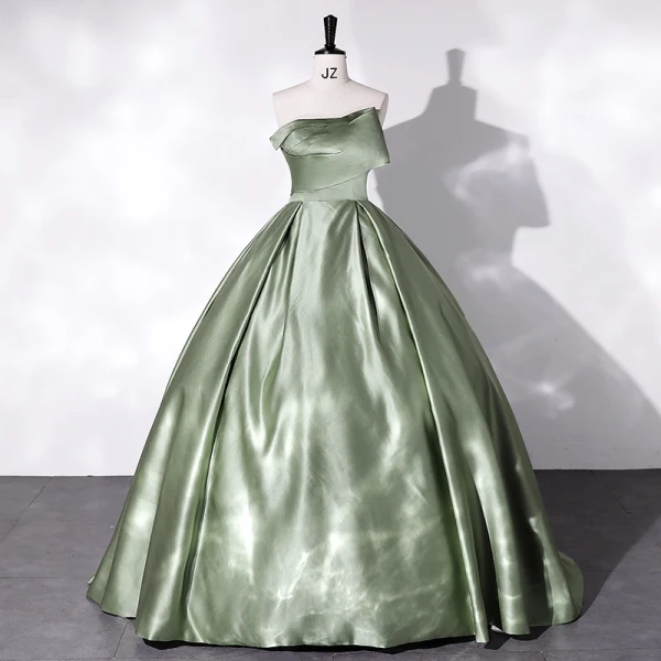 Vintage / Retro Chic / Beautiful Sage Green Satin Prom Dresses 2022 Ball Gown Strapless Sleeveless Backless Floor-Length / Long Prom Formal Dresses