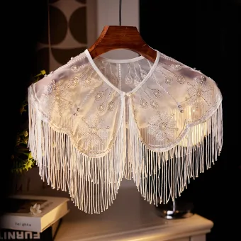 Charmig Vita Handgjort Beading Tassel Pärla Bal Sjal 2025