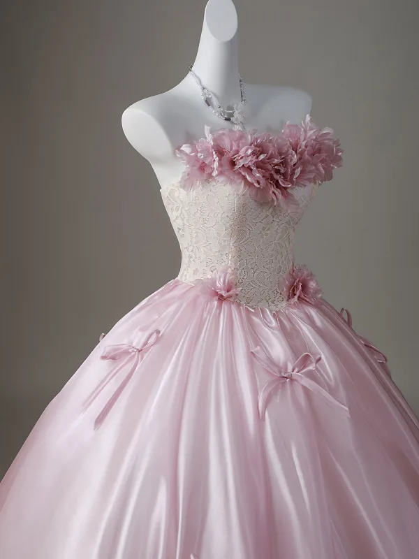Chic / Beautiful Blushing Pink Appliques Lace Flower Bow Prom Dresses 2026 Ball Gown Strapless Sleeveless Backless Floor-Length / Long Prom Formal Dresses