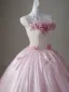 Chic / Beautiful Blushing Pink Appliques Lace Flower Bow Prom Dresses 2026 Ball Gown Strapless Sleeveless Backless Floor-Length / Long Prom Formal Dresses