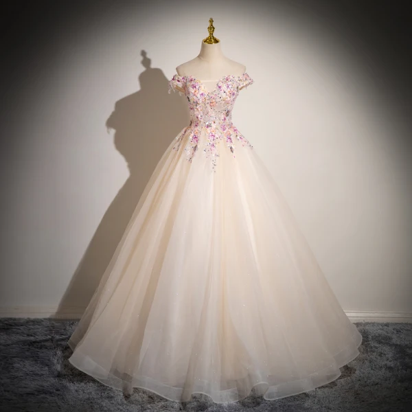 Elegant Champagne Beading Sequins Lace Flower Appliques Prom Dresses 2024 Ball Gown Off-The-Shoulder Sleeveless Backless Floor-Length / Long Prom Formal Dresses