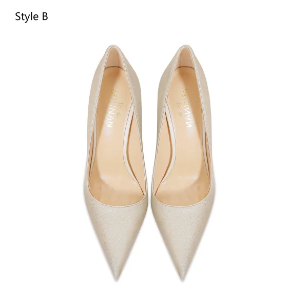 Chic / Beautiful Champagne Glitter Evening Party Pumps 2026 Leather 12 cm Stiletto Heels Pointed Toe Pumps High Heels