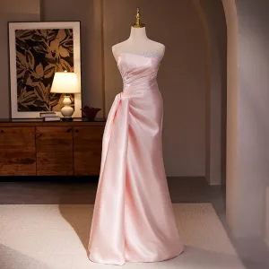 Sexy Perle Rose Perle Satin Robe De Bal 2024 Trompette Sirène Bustier Sans Manches Dos Nu Longue Promo Robe De Ceremonie
