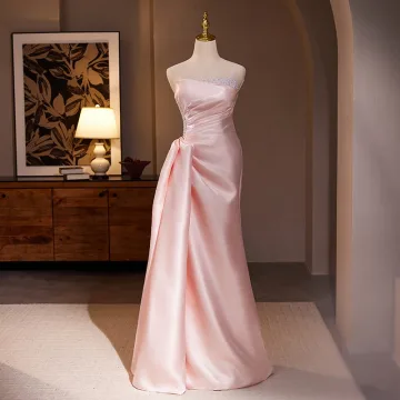Sexy Pearl Pink Pearl Satin Prom Dresses 2024 Trumpet Mermaid Strapless Sleeveless Backless Floor Length Long Prom Formal Dresses