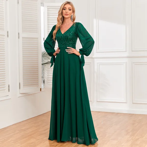 Elegant Dark Green Sequins Prom Dresses 2024 A-Line / Princess V-Neck Long Sleeve Backless Floor-Length / Long Prom Formal Dresses