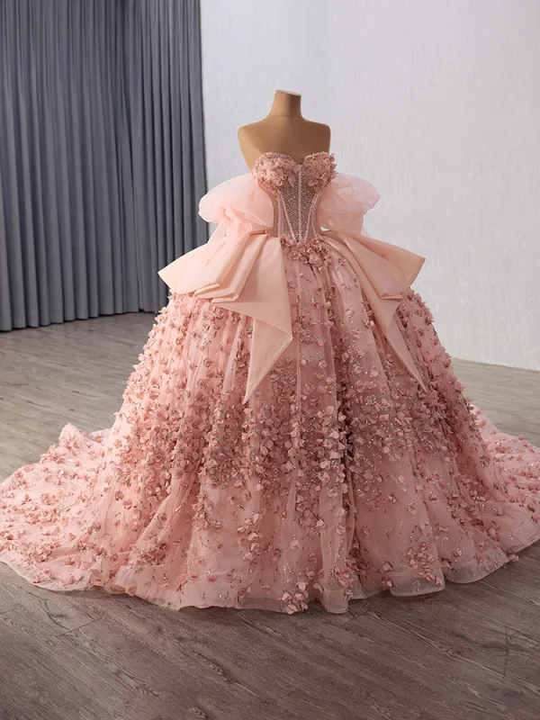 Luxury / Gorgeous Blushing Pink Beading Appliques Pearl Sequins Prom Dresses 2025 Ball Gown Strapless Sleeveless Backless Floor-Length / Long Prom Formal Dresses