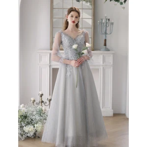 Chic Beautiful Silver Grey Beading Sequins Prom Dresses 2023 A Line Princess V Neck Long Sleeve Backless Floor Length Long Prom Formal Dresses