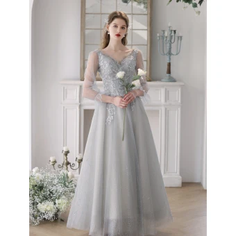 Chic Beautiful Silver Grey Beading Sequins Prom Dresses 2023 A Line Princess V Neck Long Sleeve Backless Floor Length Long Prom Formal Dresses