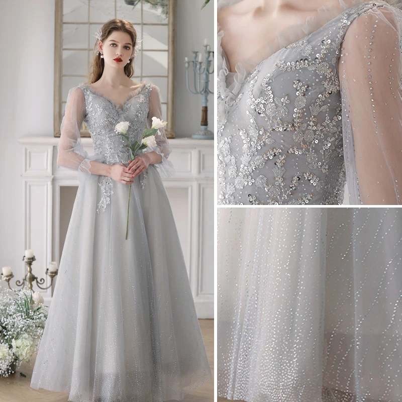 Chic Beautiful Silver Grey Beading Sequins Prom Dresses 2023 A Line  Princess V Neck Long Sleeve Backless Floor Length Long Prom Formal Dresses