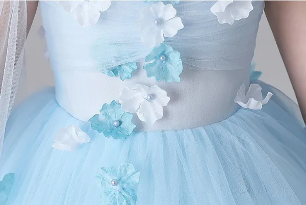 Chic / Beautiful Sky Blue Appliques Birthday Flower Girl Dresses 2025 Ball Gown Scoop Neck Short Sleeve Floor-Length / Long