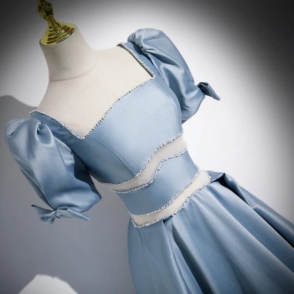 Chic / Beautiful Sky Blue Satin Pearl Prom Dresses 2023 A-Line / Princess Square Neckline Short Sleeve Backless Floor-Length / Long Formal Dresses