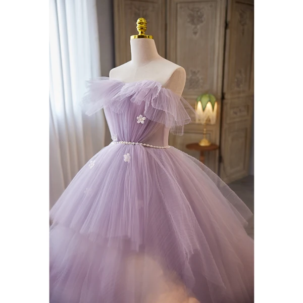 Elegant Lavender Cascading Ruffles Appliques Prom Dresses 2023 Ball Gown Off-The-Shoulder Sleeveless Pearl Backless Sash Sweep Train Prom Formal Dresses