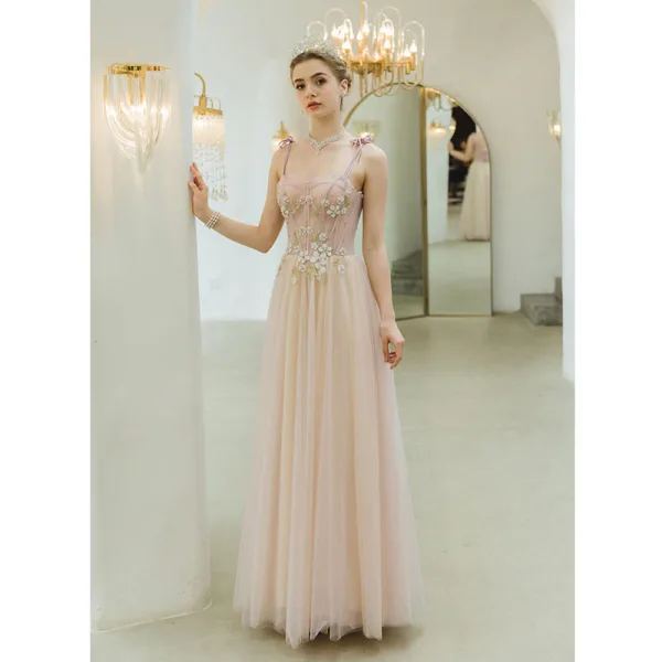 Charming Blushing Pink Evening Dresses 2022 A-Line / Princess Spaghetti Straps Sleeveless Backless Beading Rhinestone Lace Flower Floor-Length / Long Evening Party Formal Dresses