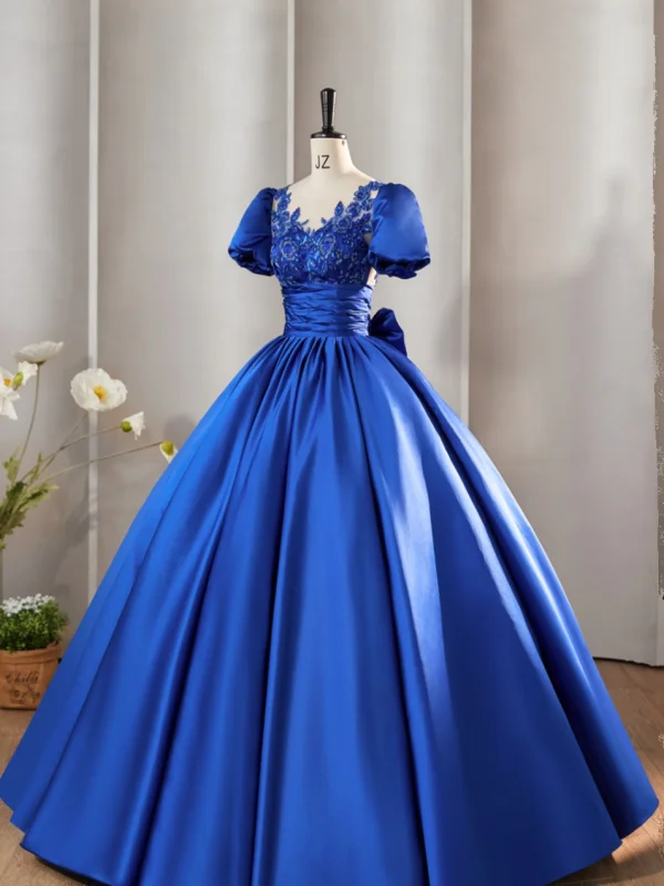 Vintage / Retro Royal Blue Prom Dresses 2024 Beading Sequins Lace Flower Satin Ball Gown Scoop Neck Short Sleeve Bow Formal Dresses