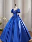 Vintage / Retro Royal Blue Prom Dresses 2024 Beading Sequins Lace Flower Satin Ball Gown Scoop Neck Short Sleeve Bow Formal Dresses