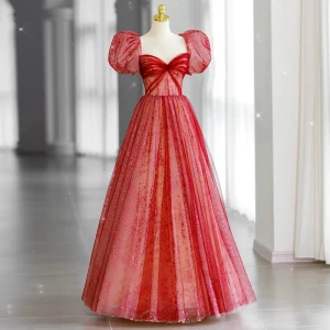 Chic Beautiful Red Sequins Prom Dresses 2022 A Line Princess Square Neckline Puffy Short Sleeve Backless Bow Floor Length Long Formal Dresses