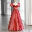 Chic / Beautiful Red Sequins Prom Dresses 2022 A-Line / Princess Square Neckline Puffy Short Sleeve Backless Bow Floor-Length / Long Formal Dresses