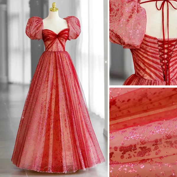 Chic / Beautiful Red Sequins Prom Dresses 2022 A-Line / Princess Square Neckline Puffy Short Sleeve Backless Bow Floor-Length / Long Formal Dresses