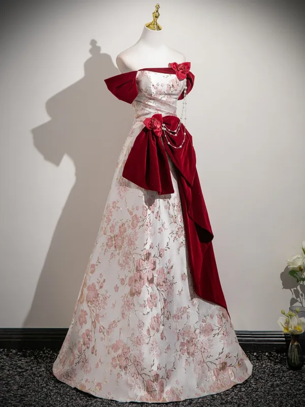 Élégant Bordeaux Appliques Impression Robe De Bal 2025 Princesse De l'épaule Manches Courtes Dos Nu Longue Robe De Ceremonie