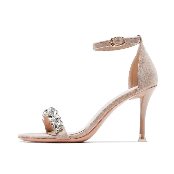 Sexy Noire Soirée Daim Sandales Femme 2022 Bride Cheville Faux Diamant 8 cm Talons Aiguilles Peep Toes / Bout Ouvert Sandales Talons Hauts