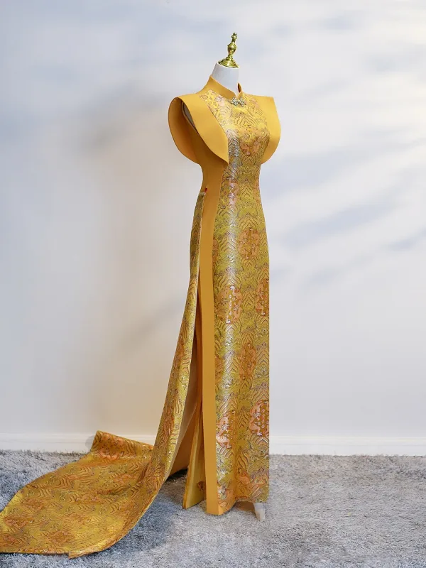 Chinese style Yellow Evening Party Floor-Length / Long Cheongsam 2025 Trumpet / Mermaid High Neck Sleeveless