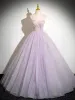 Bling Bling Lavender Glitter Appliques Prom Dresses 2024 Ball Gown Strapless Sleeveless Backless Floor-Length / Long Prom Formal Dresses