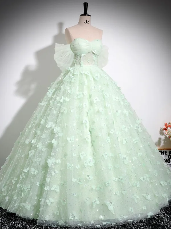 Elegant Sage Green Sequins Butterfly Appliques Prom Dresses 2024 Ball Gown Off-The-Shoulder Short Sleeve Backless Floor-Length / Long Prom Formal Dresses