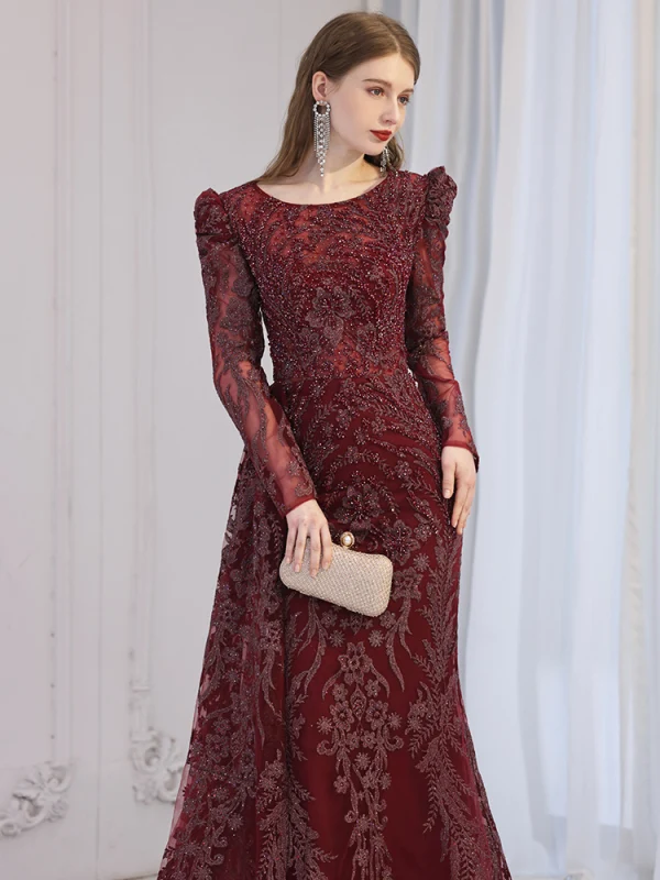 High-end Burgundy Beading Rhinestone Evening Dresses 2023 Trumpet / Mermaid Scoop Neck Long Sleeve Floor-Length / Long Evening Party Formal Dresses