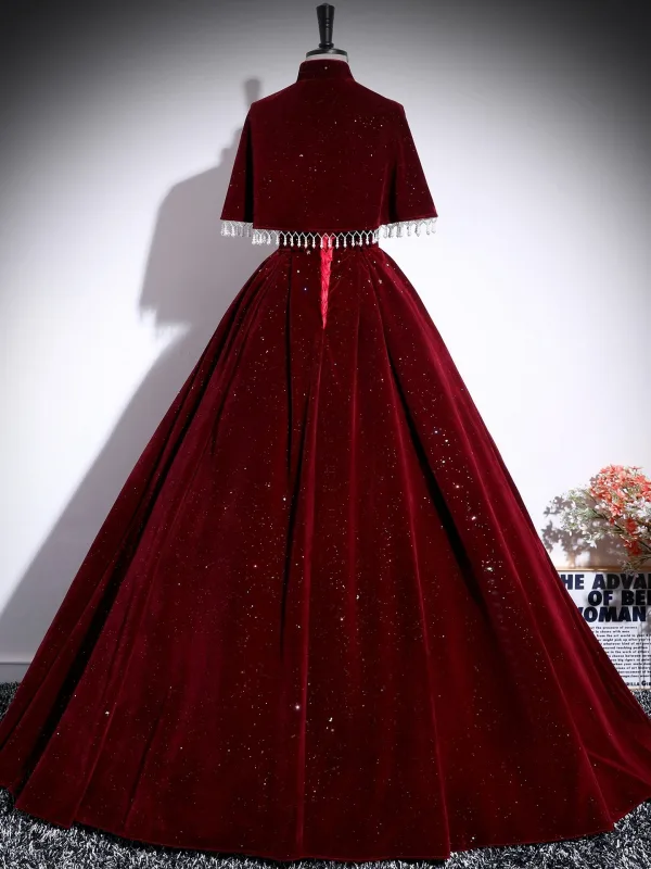 Elegant Burgundy Beading Sequins Velvet Mother Of The Bride Dresses 2025 Ball Gown V-Neck Sleeveless Backless Floor-Length / Long