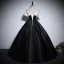 Audrey Hepburn Style Black Satin Prom Dresses 2024 Ball Gown V-Neck Short Sleeve Backless Floor-Length / Long Prom Formal Dresses