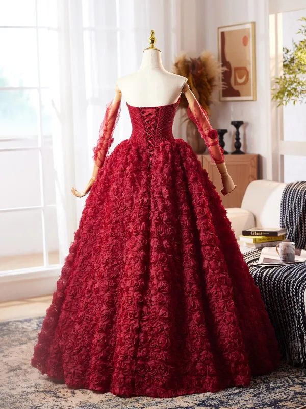 Blumenfee Burgunderrot Strass Applikationen Ballkleider 2025 Ballkleid Bandeau Ärmellos Lange Festliche Kleider