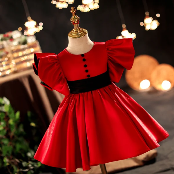 Chic / Beautiful Red Satin Short Prom Flower Girl Dresses 2022 Ball Gown Scoop Neck Sash Bell sleeves Flower Girl Dresses