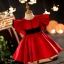 Chic / Beautiful Red Satin Short Prom Flower Girl Dresses 2022 Ball Gown Scoop Neck Sash Bell sleeves Flower Girl Dresses