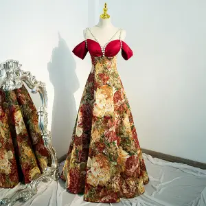 Chic Belle Bordeaux Floral Robe De Soirée 2022 Princesse Perle Faux Diamant Bretelles Spaghetti Manches Courtes Dos Nu Longue Soirée Robe De Ceremonie