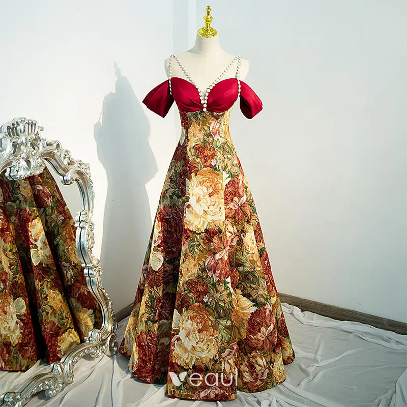 burgundy floral formal dress Burgundy Off-shoulder Floral Slit Formal Dress