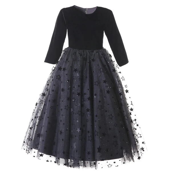 Fashion Black Star Prom Flower Girl Dresses 2022 Scoop Neck Ball Gown Long Sleeve Floor-Length / Long Flower Girl Dresses