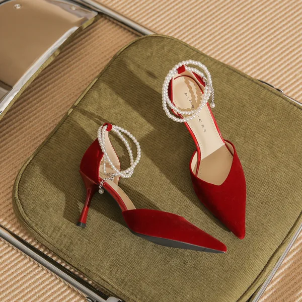 Fashion Red Prom Womens Sandals 2023 Pearl Ankle Strap 8 cm Stiletto Heels Pointed Toe Sandals High Heels