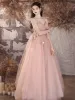Modest / Simple Blushing Pink Appliques Prom Dresses 2024 A-Line / Princess Spaghetti Straps Sleeveless Backless Floor-Length / Long Formal Dresses