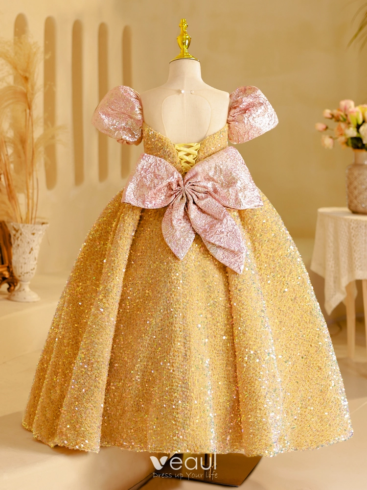 Princess Backless Gold Bow Girls Dress for BabyGown 1 Year