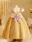 Bling Bling Gold Beading Sequins Birthday Flower Girl Dresses 2024 Ball Gown Scoop Neck Puffy Short Sleeve Backless Bow Floor-Length / Long