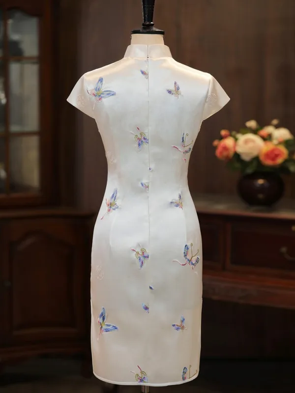 Chinese style White Embroidered Butterfly Tea-length Cheongsam 2026 Trumpet / Mermaid High Neck Cap Sleeves